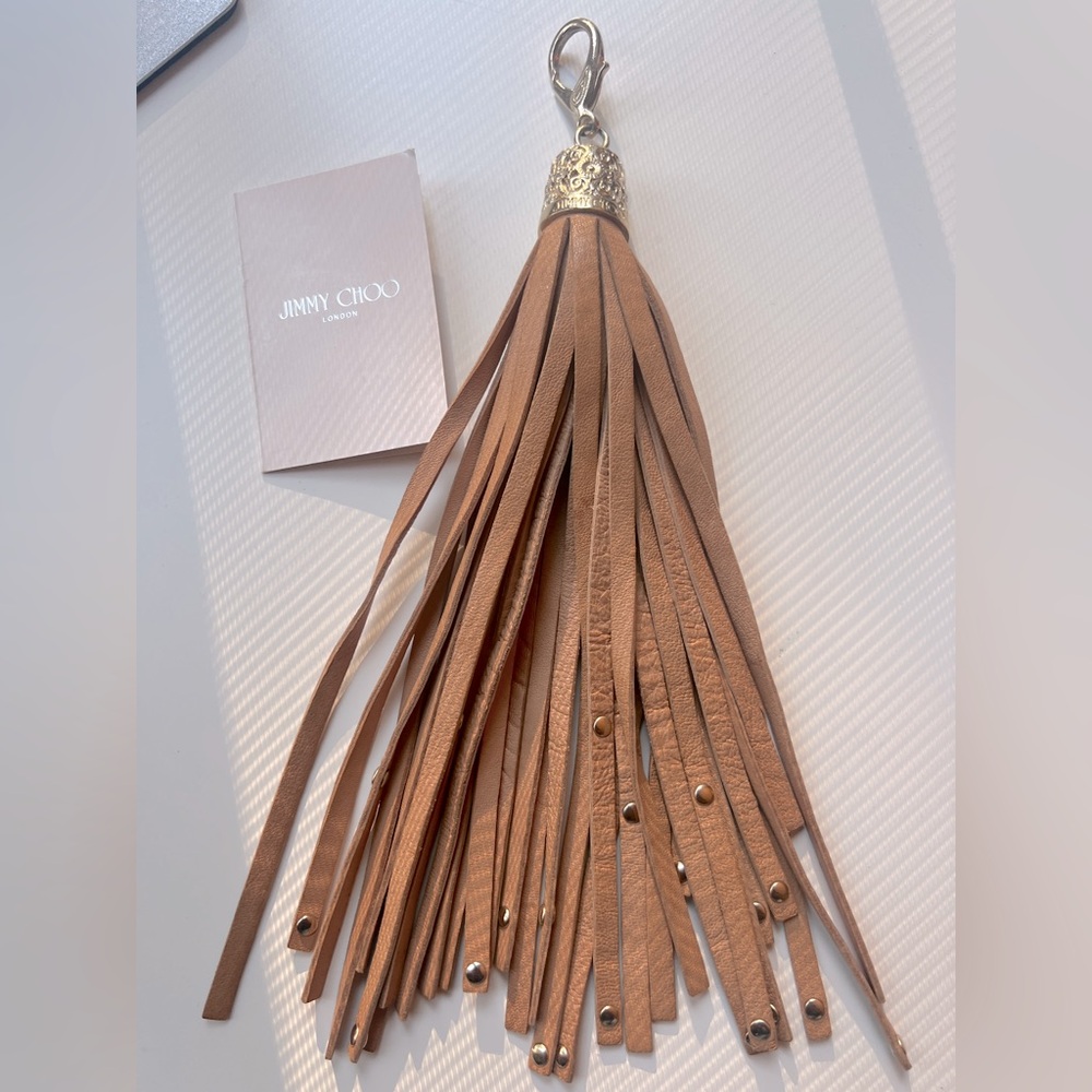 Jimmy Choo London Lamb Leather Tassel Bag Charm Key Ring Lobster Clasp Tan Gold
